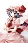  ascot bangs bat_wings blood blood_on_face bloody_clothes blue_hair bow brooch cowboy_shot eyebrows_visible_through_hair hand_up hat hat_bow highres jewelry looking_at_viewer mob_cap pink_hat puffy_short_sleeves puffy_sleeves red_bow red_eyes remilia_scarlet sash short_hair short_sleeves solo tongue tongue_out touhou usotsuki_penta wings 