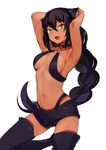  :3 :d absurdres armpits arms_up bare_shoulders black_hair black_legwear braid breasts choker contrapposto dark_skin fangs gem hair_between_eyes highres jahy jahy_sama_wa_kujikenai konbu_wakame leg_up long_hair medium_breasts navel o-ring o-ring_top official_art open_mouth short_shorts shorts simple_background single_braid slit_pupils smile solo standing thighhighs very_long_hair white_background yellow_eyes 