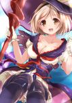  :d black_legwear blonde_hair breasts brown_eyes cleavage collarbone djeeta_(granblue_fantasy) dress gloves granblue_fantasy hat highres holding holding_staff large_breasts looking_at_viewer nanaume_(shichimi_tougarashi) open_mouth panties pantyshot puffy_short_sleeves puffy_sleeves short_hair short_sleeves smile solo staff tareme thighhighs underwear warlock_(granblue_fantasy) white_gloves white_panties witch_hat 