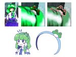  :&gt; black_eyes blush_stickers comic commentary detached_sleeves frog_hair_ornament green_hair hair_ornament hair_tubes hairband itatatata kochiya_sanae oota_jun'ya silent_comic simple_background smile snake_hair_ornament subterranean_animism touhou white_background 