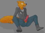  2017 animal_genitalia animal_penis anthro badge_pins black_nose boots canine_penis clothed clothing colored digital_media_(artwork) erection footwear fur gregg_(nitw) grey_background jacket leather leather_jacket male night_in_the_woods pants partially_clothed penis pins pockets signirsol simple_background solo surprise unzipped_pants 