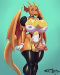  2017 absurd_res anthro areola balls big_breasts blue_eyes breasts clothed clothing d&#039;narl dickgirl dragon eyelashes eyeshadow gloves hi_res horn humanoid_penis intersex legwear maid_uniform makeup penis plankboy scalie simple_background smile solo uniform wings 