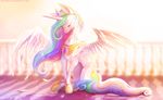  anthro cutie_mark day equine eyes_closed feathered_wings feathers female friendship_is_magic hair horn mammal multicolored_hair my_little_pony neytirix outside princess_celestia_(mlp) sitting sky solo winged_unicorn wings 