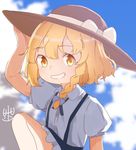  abukawa_honpo alternate_costume blush braid collared_shirt commentary_request grin hat highres kirisame_marisa nervous_smile shirt short_hair side_braid single_braid skirt smile solo sun_hat suspender_skirt suspenders touhou wavy_hair wild_and_horned_hermit 