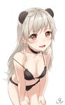  animal_ears bare_shoulders black_bra black_choker black_legwear black_panties blush bra breasts choker cleavage collar collarbone commentary covered_nipples drooling eyebrows_visible_through_hair grey_hair hands_on_own_knees hands_on_thighs heart heart_choker highres leaning_forward long_hair looking_at_viewer medium_breasts navel open_mouth original panties parted_lips saliva signature simple_background solo standing stomach straight_hair strap_slip underwear underwear_only wet.elephant white_background 