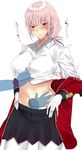  bangs black_skirt braid breasts buttons closed_mouth collared_shirt commentary_request cowboy_shot eyebrows_visible_through_hair fate/grand_order fate_(series) florence_nightingale_(fate/grand_order) gloves hair_between_eyes hands_on_hips highres large_breasts lifted_by_another long_sleeves looking_down navel onineko-chan pantyhose pink_hair pleated_skirt red_eyes shirt shirt_lift simple_background single_braid skirt solo_focus spoken_blush stomach sweat white_background white_gloves white_legwear white_shirt 