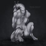  2017 absurd_res anthro anus back_muscles backsack balls biceps biped black_background blue_eyes butt crouching digital_media_(artwork) equine full-length_portrait grass greyscale hi_res hooves horse looking_at_viewer looking_back male mammal mane monochrome muscular muscular_male nude perineum portrait rear_view riche signature simple_background solo spot_color underhoof venlightchaser 
