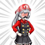  alternate_costume belt blush collared_shirt commentary_request cosplay double-breasted dress embarrassed emphasis_lines fake_facial_hair fake_mustache hair_ribbon hands_on_hips hat kantai_collection kasumi_(kantai_collection) long_hair long_sleeves mario mario_(cosplay) mario_(series) no_eyes pinafore_dress red_ribbon red_shirt remodel_(kantai_collection) ribbon shirt side_ponytail silver_hair simple_background solo steaming_body super_mario_bros. tk8d32 
