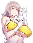  :d bikini blush breasts chaldea_lifesavers cleavage covered_nipples fate/grand_order fate_(series) florence_nightingale_(fate/grand_order) folded_ponytail gloves huge_breasts navel open_mouth parted_lips pink_hair red_eyes simple_background smile solo swimsuit white_background white_gloves yellow_bikini zhen_lu 