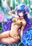  artist_name bibiko blue_eyes blue_hair breasts cleavage eyebrows_visible_through_hair gloves large_breasts long_hair looking_at_viewer navel original parted_lips pointy_ears signature sitting solo white_gloves 