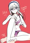  :3 alpha_(yukai_na_nakamatachi) barefoot bra character_name commentary_request copyright_name dated evangelion:_2.0_you_can_(not)_advance glasses hairband highres jpeg_artifacts lingerie low_twintails makinami_mari_illustrious nail_polish navel neon_genesis_evangelion panties purple_bra purple_nails purple_panties rebuild_of_evangelion red_background simple_background solo toenail_polish twintails underwear underwear_only 