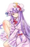  bangs blue_bow bow bowtie capelet crescent dress eyebrows_visible_through_hair hair_bow hat hat_bow highres long_hair long_sleeves looking_at_viewer mob_cap patchouli_knowledge pink_hat purple_eyes purple_hair red_bow red_neckwear sidelocks simple_background sitting solo striped striped_dress touhou usotsuki_penta very_long_hair white_background 