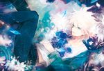  :d aqua_sweater belt black_pants blue_eyes blue_flower bouquet collarbone danganronpa eyebrows_visible_through_hair flower hair_between_eyes holding holding_bouquet komaeda_nagito long_hair male_focus open_mouth pants shirt silver_hair smile solo super_danganronpa_2 white_shirt yuhazu_(rhe-rhe) 