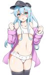  alternate_costume aoi_renji black_legwear blue_eyes blush breasts commentary cosplay flat_cap hat hibiki_(kantai_collection) highres jacket kantai_collection light_blue_hair long_hair looking_at_viewer nontraditional_school_swimsuit purple_jacket ro-500_(kantai_collection) ro-500_(kantai_collection)_(cosplay) school_swimsuit small_breasts solo swimsuit thighhighs white_background white_school_swimsuit white_swimsuit 