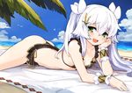  :d arm_support ass bare_shoulders beach beach_towel bikini bikini_skirt black_bikini blue_sky blush breasts cleavage cloud collarbone commentary_request day dong-jin_rice-hime eyebrows_visible_through_hair foreshortening frilled_bikini frills green_eyes green_hair hair_between_eyes hair_ornament hair_ribbon hand_on_own_cheek highres horizon long_hair looking_at_viewer lying mou_tama_maru on_stomach open_mouth outdoors outstretched_arms palm_tree raised_eyebrows ribbon round_teeth silver_hair sky small_breasts smile solo suiji swimsuit teeth towel tree twintails wrist_cuffs 