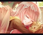  1girl closed_eyes copyright_name covering_with_blanket danganronpa day hair_ornament hairclip highres indoors komaeda_nagito nanami_chiaki pink_hair short_hair sleeping smile super_danganronpa_2 upper_body yvette_(yunzhixi) 