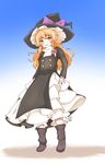  bloomers blush boots commentary forbidden_scrollery grin hat kirisame_marisa long_hair long_sleeves looking_at_viewer marikichi_aniki messy_hair petticoat smile solo touhou trench_coat turtleneck underwear wavy_hair witch_hat 