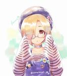  alpha_(yukai_na_nakamatachi) badge beret blonde_hair button_badge character_name checkered collar commentary_request eyeball glasses hair_over_one_eye hat idolmaster idolmaster_cinderella_girls jpeg_artifacts shirasaka_koume shirt signature sleeves_past_wrists solo striped striped_shirt twitter_username 