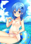  ahoge bare_shoulders blue_eyes blue_hair blue_sky blush closed_mouth cloud day delphinium_(flower_knight_girl) flower_knight_girl hair_ornament kida_kuro_mu looking_at_viewer nipples ocean one-piece_swimsuit school_swimsuit see-through short_hair short_twintails sitting sky smile solo sparkle sunlight swimsuit twintails white_school_swimsuit white_swimsuit 