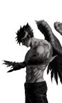  bangs bare_chest belt black_hair black_wings dark_persona demon_boy demon_horns devil_jin forehead_jewel greyscale horns inuhiko_(istdog) male_focus monochrome muscle pants shirtless smile spiked_hair tattoo tekken wings 