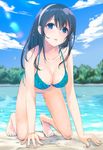  all_fours beach bikini black_hair blue_bikini blue_eyes blue_sky breasts cleavage cloud day hanging_breasts headband highres idolmaster idolmaster_cinderella_girls legs long_hair medium_breasts ocean outdoors sagisawa_fumika sky swimsuit zerorou_(himitunoko2) 