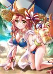  animal_ears beach beer_mug bikini blue_bikini blush breasts cleavage collarbone cup day ears_through_headwear fate/extra fate/grand_order fate_(series) food fox_ears fox_tail hat hat_ribbon holding holding_cup large_breasts lei_(shizuiza) light_smile long_hair looking_at_viewer outdoors palm_tree palms parfait pink_hair ribbon sandals solo straw_hat sun_hat swimsuit tail tamamo_(fate)_(all) tamamo_no_mae_(fate) tamamo_no_mae_(swimsuit_lancer)_(fate) tree yellow_eyes 