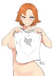  2017 ;d absurdres blue_eyes blush breasts covering_nipples groin highres looking_at_viewer navel no_panties nora_valkyrie nude orange_hair rwby shirt short_hair signature smile t-shirt topless white_shirt 
