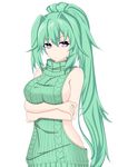  absurdres breasts green_hair green_heart highres large_breasts long_hair looking_at_viewer magatsu_reinami meme_attire neptune_(series) ponytail purple_eyes solo symbol-shaped_pupils virgin_killer_sweater 