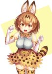  animal_ears bare_shoulders blush breasts brown_hair cowboy_shot elbow_gloves gloves hair_between_eyes high-waist_skirt highres kemono_friends large_breasts multicolored_hair open_mouth serval_(kemono_friends) serval_ears serval_print serval_tail short_hair skirt sleeveless smile snowcanvas solo standing tail thighhighs two-tone_hair white_background white_gloves yellow_background yellow_eyes yellow_skirt zettai_ryouiki 