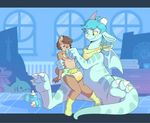  ageplay anthro bib blue_eyes blue_hair blush bottle brown_eyes brown_fur brown_hair canine claws coyote cuddlehooves diaper dragon drinking duo feral fur hair holding_(disambiguation) male mammal nipples peeing sitting urine wet_diaper wings 