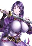  armor bodysuit breasts commentary_request cowboy_shot fate/grand_order fate_(series) hair_between_eyes highres holding holding_sword holding_weapon japanese_armor katana kote large_breasts long_hair looking_at_viewer minamoto_no_raikou_(fate/grand_order) nattapuumuu purple_bodysuit purple_eyes purple_hair simple_background smile solo sword very_long_hair weapon white_background 