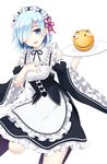  blue_eyes blue_hair blush breasts detached_sleeves eyebrows_visible_through_hair hair_ornament hair_over_one_eye hand_on_own_chest highres holding holding_tray large_breasts looking_at_viewer maid maid_headdress no_legwear parted_lips re:zero_kara_hajimeru_isekai_seikatsu rem_(re:zero) short_hair smile solo tray x_hair_ornament yukinoshita_(shaonjishi) 