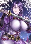  armor bodysuit breasts cherry_blossoms commentary_request cowboy_shot fate/grand_order fate_(series) hair_between_eyes highres holding holding_sword holding_weapon japanese_armor katana kote large_breasts long_hair looking_at_viewer minamoto_no_raikou_(fate/grand_order) nattapuumuu petals purple_bodysuit purple_eyes purple_hair smile solo sword very_long_hair weapon 