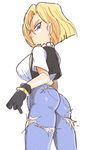  android_18 ass black_gloves blonde_hair blue_eyes bracelet breasts cowboy_shot denim dragon_ball dragon_ball_z earrings gloves inkerton-kun jeans jewelry large_breasts looking_back pants short_hair solo torn_clothes torn_jeans torn_pants tsurime vest white_background 