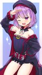  ;d absurdres arm_up belt blush breasts cleavage eyebrows_visible_through_hair fang fate/grand_order fate_(series) helena_blavatsky_(fate/grand_order) highres looking_at_viewer medium_breasts nanase_noa one_eye_closed open_mouth purple_eyes purple_hair salute short_hair smile solo 