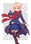  adjusting_eyewear ahoge arm_up artoria_pendragon_(all) bad_id bad_pixiv_id bangs black-framed_eyewear black_legwear blonde_hair blue_shirt blue_skirt blush boots braid closed_mouth coat elleco eyebrows_visible_through_hair fate/grand_order fate_(series) fingernails framed french_braid garter_straps glasses grey_background hair_between_eyes highres hood hood_down jacket long_sleeves looking_at_viewer mysterious_heroine_x_(alter) navel open_clothes open_coat open_jacket plaid plaid_scarf pleated_skirt purple_coat purple_jacket red-framed_eyewear red_scarf scarf school_uniform semi-rimless_eyewear serafuku shiny shiny_hair shirt short_hair sidelocks simple_background skirt skirt_set solo standing thighhighs under-rim_eyewear yellow_eyes 