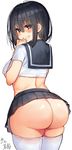  artist_name ass bangs black_hair black_skirt blue_eyes blush breasts commentary_request crop_top curvy excited eyebrows_visible_through_hair from_behind hair_between_eyes hand_up heart heart-shaped_pupils huge_ass kawakami_masaki long_hair looking_at_viewer looking_back medium_breasts microskirt no_panties open_mouth original pleated_skirt school_uniform serafuku shiny shiny_skin short_sleeves sidelocks signature simple_background skirt smile solo symbol-shaped_pupils thick_thighs thighhighs thighs underboob white_background white_legwear 