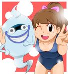  blush brown_eyes brown_hair ghost high_ponytail kodama_fumika long_hair looking_at_viewer onnaski open_mouth smile solo swimsuit whisper_(youkai_watch) youkai youkai_watch 