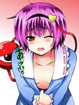  1girl blush bookmoun10 breasts cleavage cleavage_reach downblouse extended_downblouse hairband komeiji_satori no_bra one_eye_closed open_mouth purple_hair red_eyes short_hair solo sweat third_eye touhou 