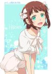  :d alpha_(yukai_na_nakamatachi) amami_haruka aqua_background bow brown_hair commentary_request green_eyes hair_bow hashtag idolmaster idolmaster_(classic) jpeg_artifacts open_mouth short_hair smile solo white_bow 