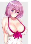  arms_behind_back bangs bare_shoulders blush border bow bow_swimsuit breasts cleavage collarbone dress_swimsuit fate/grand_order fate_(series) grey_background hair_between_eyes highres large_breasts looking_at_viewer mash_kyrielight pink_bow purple_eyes purple_hair sankakusui shiny shiny_skin short_hair sideboob solo strap_gap swimsuit swimsuit_of_perpetual_summer tearing_up white_border white_swimsuit 