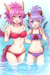  :d asymmetrical_bangs asymmetrical_hair bangs bare_arms bare_shoulders bikini black_wings blush bow braid breasts cleavage collarbone covered_nipples day double_w dragon_girl dragon_horns eyebrows_visible_through_hair frilled_bikini frills groin hair_between_eyes hand_up head_fins heterochromia highres horns large_breasts legs_together long_hair looking_at_viewer multiple_girls navel o-ring o-ring_bikini o-ring_bottom open_mouth pink_eyes pink_hair purple_bikini purple_eyes purple_hair purple_wings puzzle_&amp;_dragons red_bikini red_bow red_wings samoore sheena_(p&amp;d) shiny shiny_hair side_braid smile sonia_(p&amp;d) sparkle spiked_hair standing stomach strapless strapless_bikini swimsuit tail tsurime w wading water wings yellow_eyes 