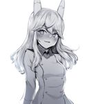  animal_ears bangs blush breasts eyebrows_visible_through_hair fox_ears greyscale heart jacket liar_lawyer long_hair looking_at_viewer medium_breasts monochrome ottilie_kittel parted_lips simple_background smile solo upper_body white_background world_witches_series 
