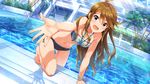  ahoge artist_request barefoot bikini blue_eyes blush bracelet breasts brown_hair cleavage collarbone day idolmaster idolmaster_million_live! idolmaster_million_live!_theater_days jewelry long_hair looking_at_viewer medium_breasts navel official_art open_mouth outdoors outstretched_hand palm_tree pool pool_ladder poolside smile solo sunlight swimsuit tokoro_megumi tree wading water wet wet_hair 