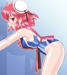  bandages blue_background blue_swimsuit breasts bun_cover competition_swimsuit cowboy_shot double_bun ibaraki_kasen leaning_forward medium_breasts one-piece_swimsuit open_mouth pink_hair profile red_eyes short_hair simple_background solo swimsuit swimsuit_under_clothes tabard touhou winn 