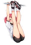  ass blush clenched_teeth closed_eyes gym_uniform highres kneepits panbai pink_hair socks solo sweat teeth twintails white_legwear 