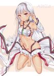  altera_(fate) arm_up armpits bandeau bangs bare_shoulders barefoot beige_background bikini black_bikini_bottom blunt_bangs blush breasts character_name choker closed_mouth collarbone dark_skin detached_sleeves elleco eyebrows_visible_through_hair fate/extella fate/extra fate/grand_order fate_(series) frilled_skirt frills full_body full_body_tattoo grey_hair groin hand_in_hair hand_on_hip headpiece highres kneeling layered_skirt long_sleeves looking_at_viewer midriff mismatched_bikini navel red_eyes revealing_clothes short_hair showgirl_skirt simple_background skirt small_breasts solo swimsuit tattoo veil white_background white_bikini_top white_hair white_skirt 