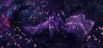  2015 ambiguous_gender detailed_background dragon feathered_wings feathers feral hair night outside purple_feathers purple_hair purple_theme sky star starry_sky tatchit wings 