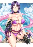  armor bare_shoulders beach bikini breasts choker cleavage closed_mouth commentary_request covered_nipples day eyepatch_bikini fate/grand_order fate_(series) gloves hagoromo highres japanese_armor knee_pads kneeling kote large_breasts long_hair looking_at_viewer low-tied_long_hair minamoto_no_raikou_(fate/grand_order) minamoto_no_raikou_(swimsuit_lancer)_(fate) nattapuumuu navel outdoors purple_bikini purple_eyes purple_hair shawl single_glove skindentation smile solo stomach swimsuit very_long_hair 