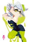  +_+ 1girl ankle_boots armpits arms_up artist_name black_boots black_dress boots brekkist detached_collar domino_mask dress earrings eyebrows eyes gloves green_legwear grey_hair hair_accessory half-closed_eyes hotaru_(splatoon) jewelry knees_up looking_at_viewer mask object_on_head paint_splatter pointy_ears short_dress short_eyebrows short_hair simple_background sleeveless smile solo splatoon standing sushi tentacle_hair white_background white_gloves yellow_eyes 